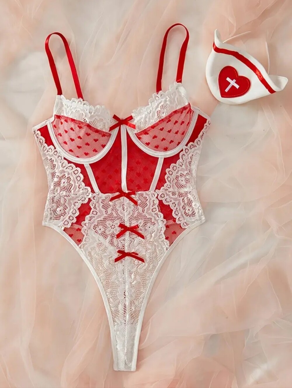Heart Pattern Mesh Thong Teddy Bodysuit W/White Lace & Details + Nurse Hat  (L)